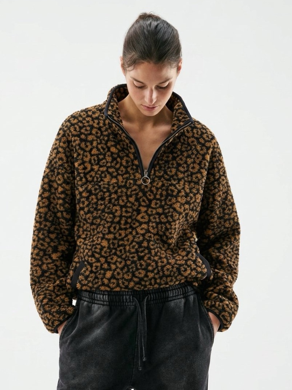 Time and Tru Leopard-Print Teddy Quarter Zip - Brown/Black